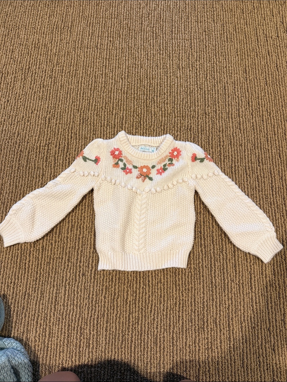 Cream Floral Embroidered Knit Sweater for Kids by